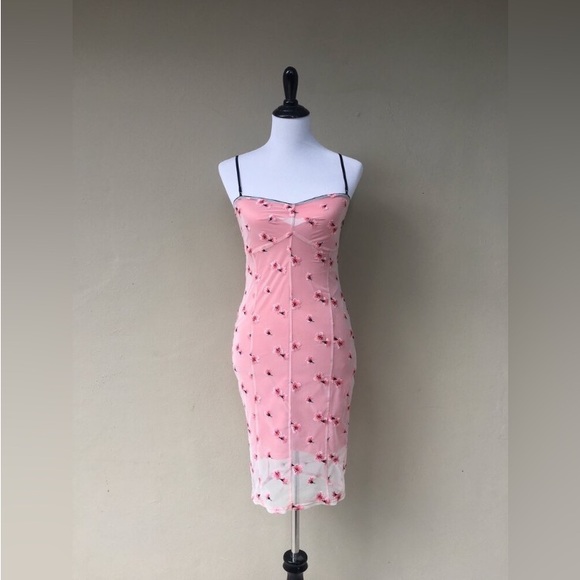 GUESS Michaela Pink Cherry Blossom Mesh Overlay Dress - Picture 10 of 10